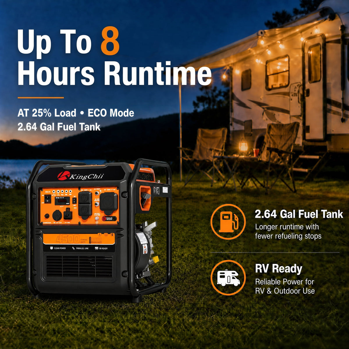 KingChii 4500W Inverter Generator Gas Powered, CO Sensor, ECO Mode, 30A RV Ready Outlet, Portable Outdoor Power Equipment for Camping & Home Backup