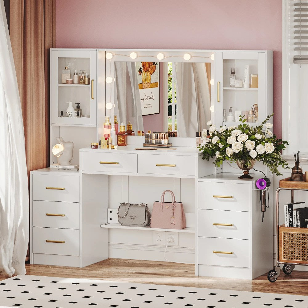 UGTOO LED Makeup Vanity Desk With Mirror, 58.27in, 10 Adjustable LED Bulbs, 8 Drawers, 2 Cabinets, White