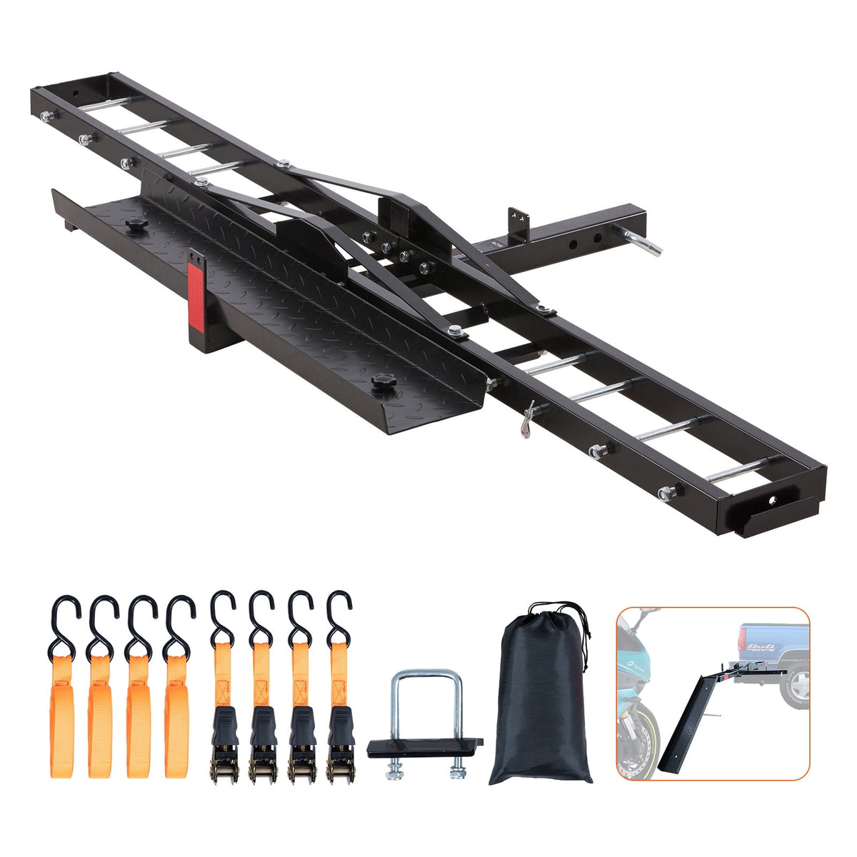 KFFKFF Steel Motorcycle Carrier, 600 LBS Capacity, Includes Ramp, Tie-Down Straps & Stabilizer, Fits 2" Hitch Receivers on Cars & Trucks