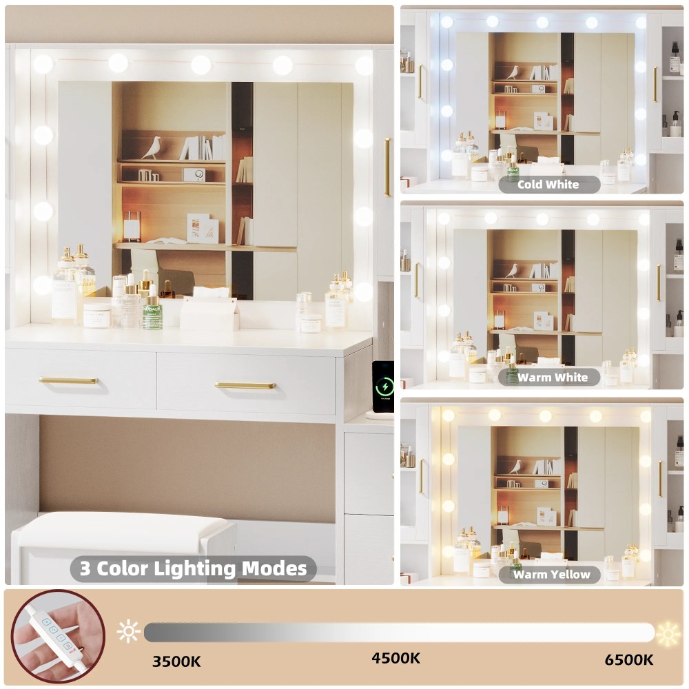 UGTOO LED Makeup Vanity Desk With Mirror, 58.27in, 10 Adjustable LED Bulbs, 8 Drawers, 2 Cabinets, White