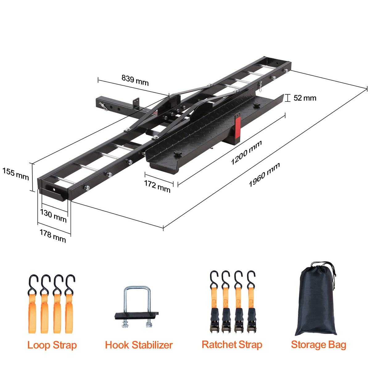 KFFKFF Steel Motorcycle Carrier, 600 LBS Capacity, Includes Ramp, Tie-Down Straps & Stabilizer, Fits 2" Hitch Receivers on Cars & Trucks
