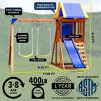 Sportspower™Asher Wooden Swing Set with 2 Belt Swings, Rock Climber, Roofed Play Fort, Heavy Duty Double A-Frame, Lifetime on 6ft Slide & Bonus