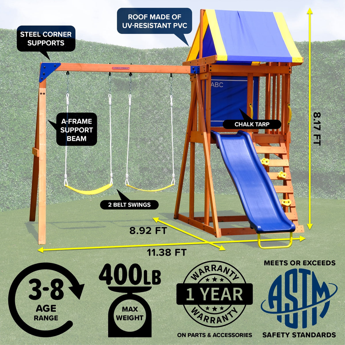 Sportspower™Asher Wooden Swing Set with 2 Belt Swings, Rock Climber, Roofed Play Fort, Heavy Duty Double A-Frame, Lifetime on 6ft Slide & Bonus