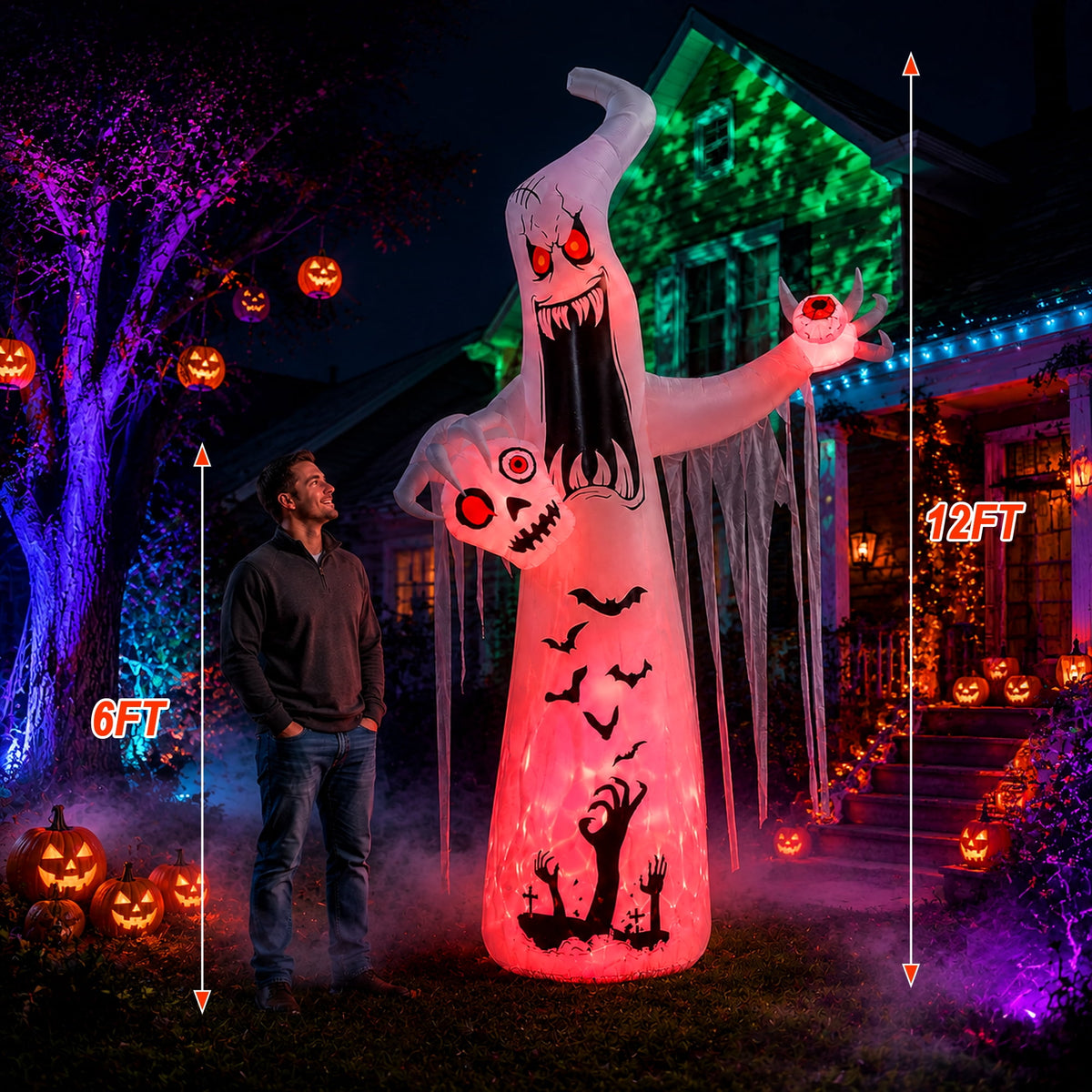 Faburo 12 ft Halloween Inflatable Ghost with Skull and Bleeding Eyeball, Outdoor Blow Up Yard Decoration for Party and Garden