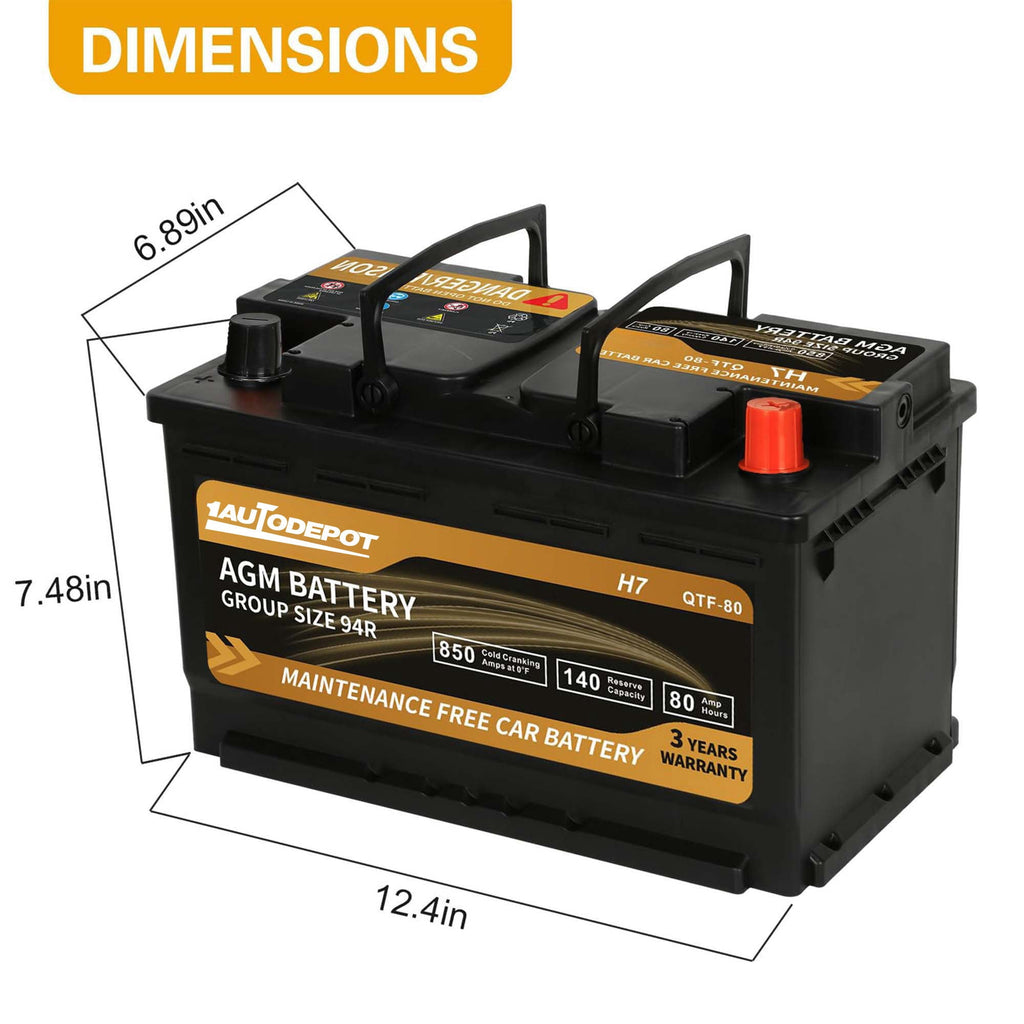 1AUTODEPOT Platinum AGM Group 94R Battery, 12 Volt Rechargeable Automotive Batteries for Car, H7 850CCA 80Ah 140RC