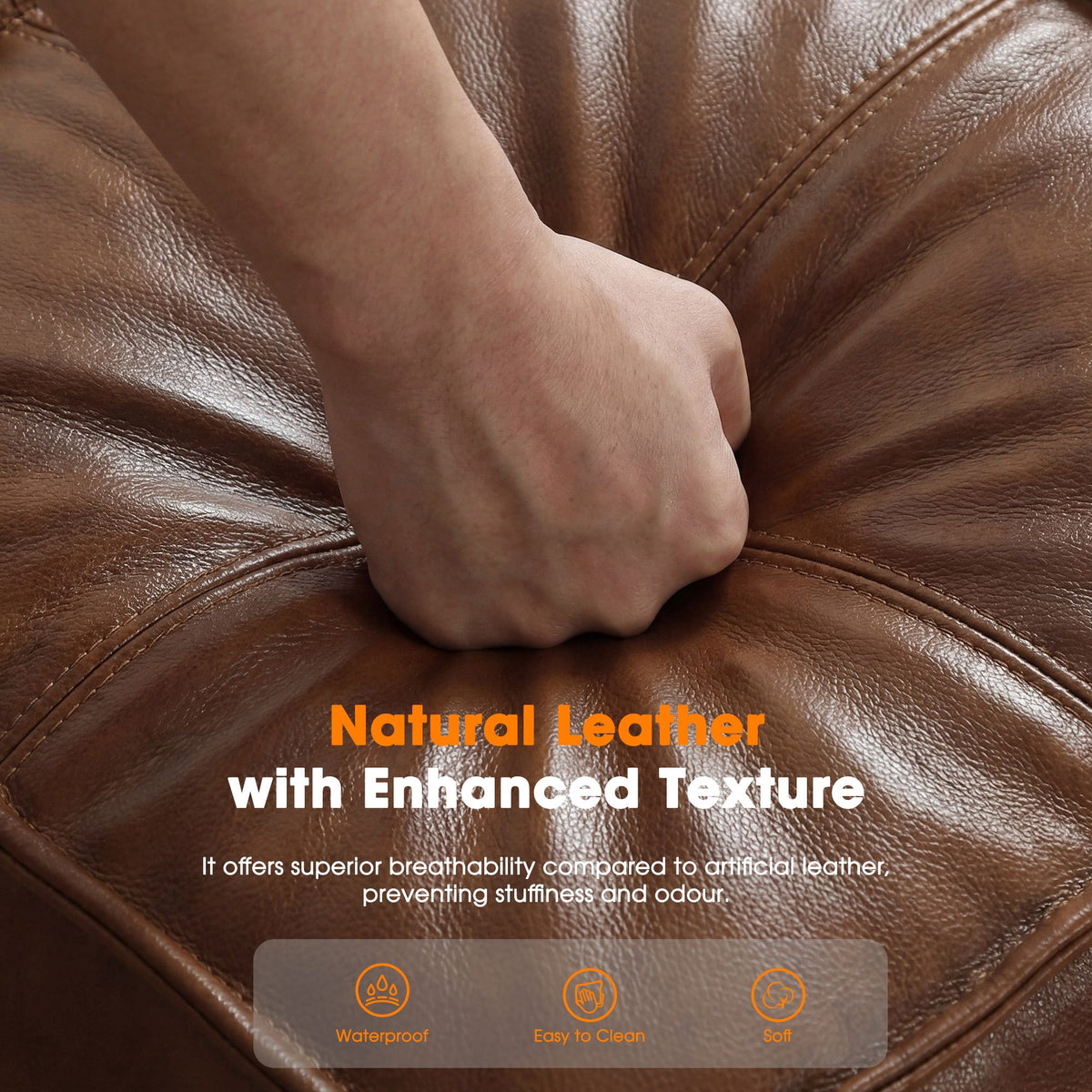 Poshby Genuine Leather Pouf Ottoman with Handmade Stuffed Foot Stool for Living Room&Bedroom, Brown