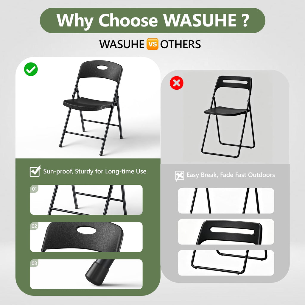 WASUHE 4 Pack Black Folding Chairs with Enhanced Iron Frame, Stackable Plastic Folding Chairs for Party, Wedding, Meeting Room, Weight Capacity 350