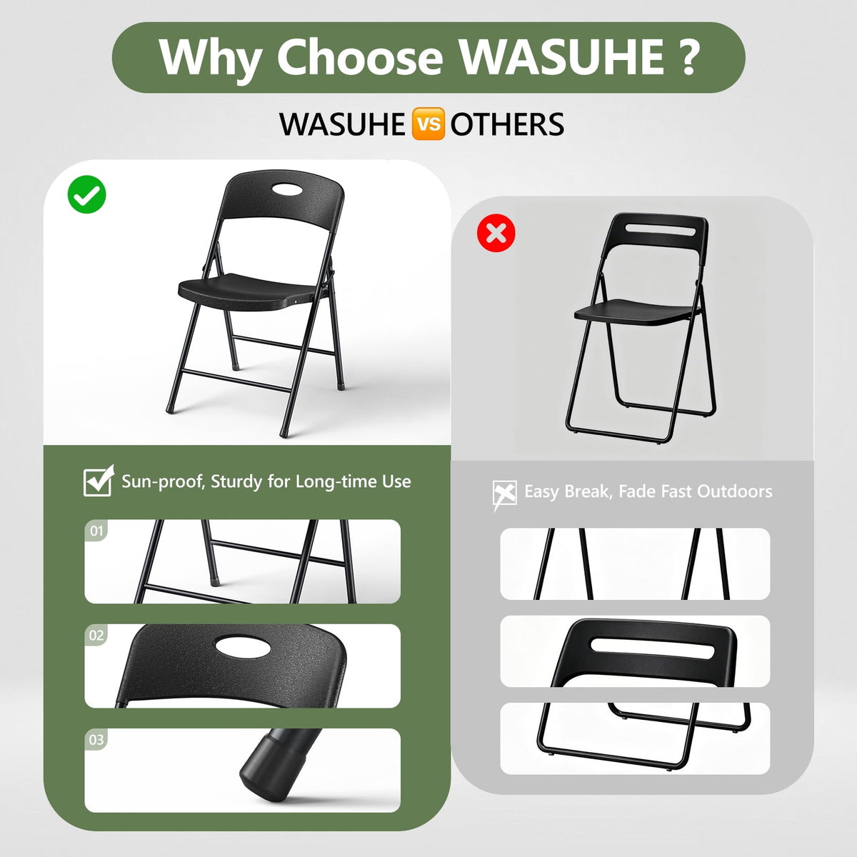 WASUHE 4 Pack Black Folding Chairs with Enhanced Iron Frame, Stackable Plastic Folding Chairs for Party, Wedding, Meeting Room, Weight Capacity 350