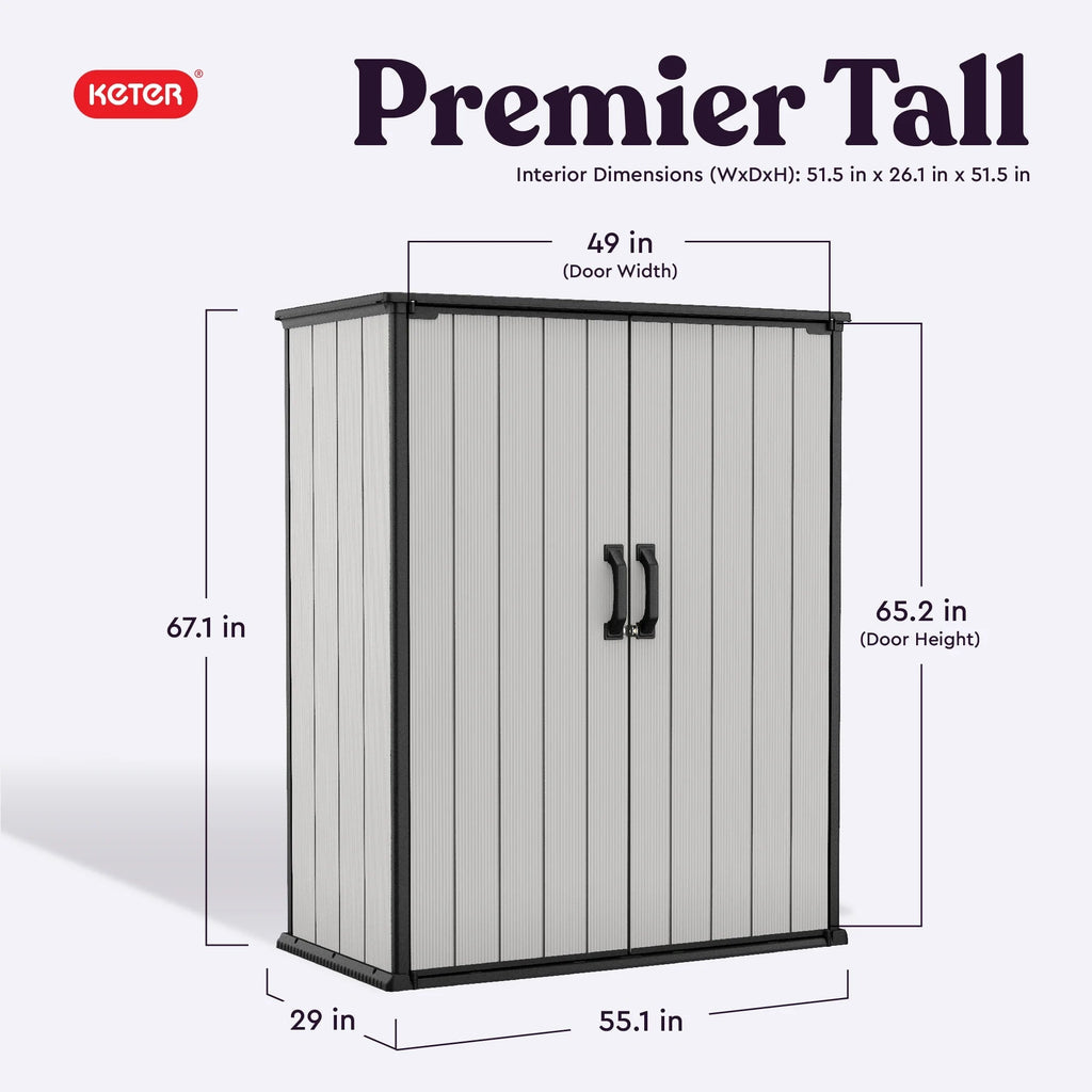 Keter Premier Tall Vertical Resin Outdoor Storage Shed With Floor And Locking Double Doors - Grey