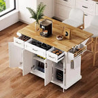 White Rolling Kitchen Island Cart With Drop-Leaf Wood Top, Embossed Finish, Doors And Drawers