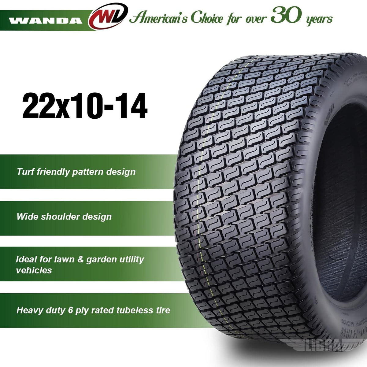 WANDA 22X10-14 Lawn Mower Tractor Cart Turf Tires 4 Ply 22x10x14 -Set 2-13216