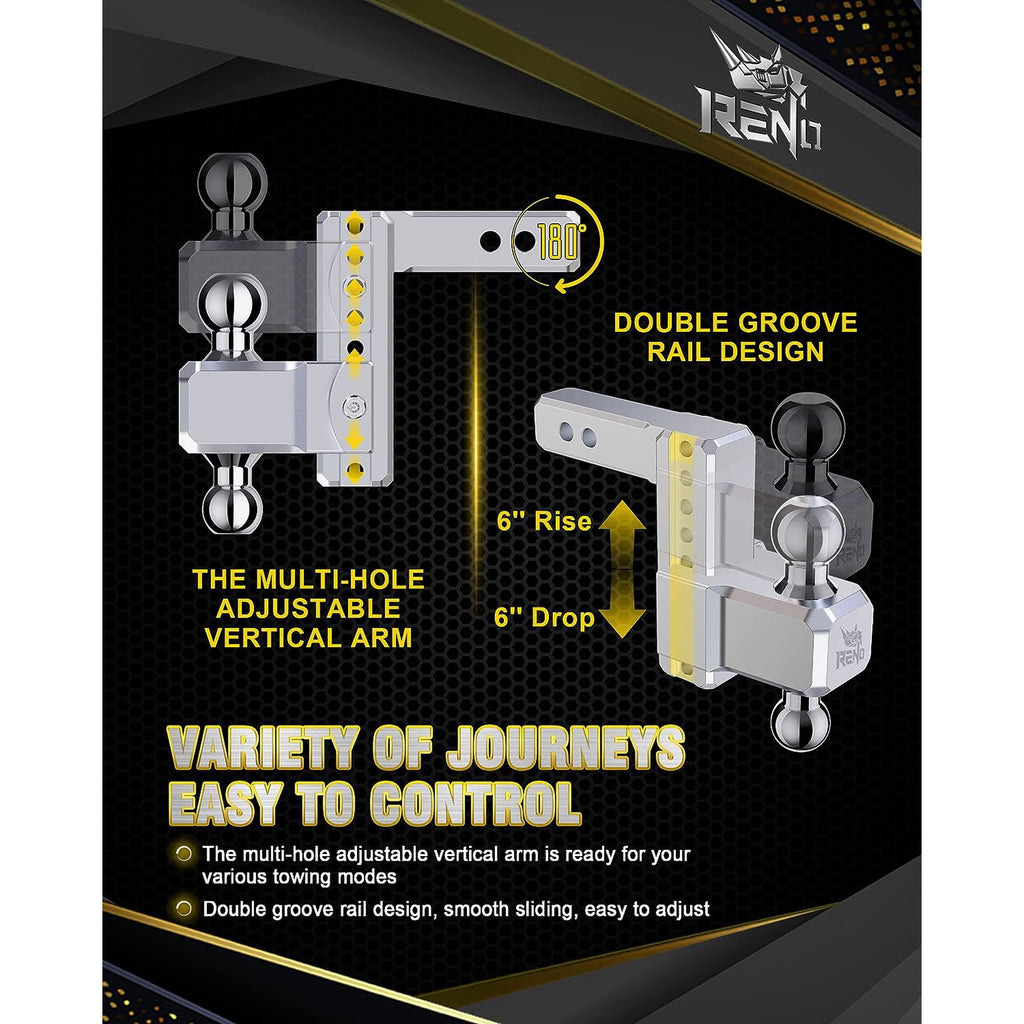 RENO Adjustable Trailer Hitch, Aluminum Dual-Balls with 2 Inch and 2-5/16 Inch, 6" Rise/Drop Hitch Ball Mount for 2" Receiver - 12,500 lbs Towing
