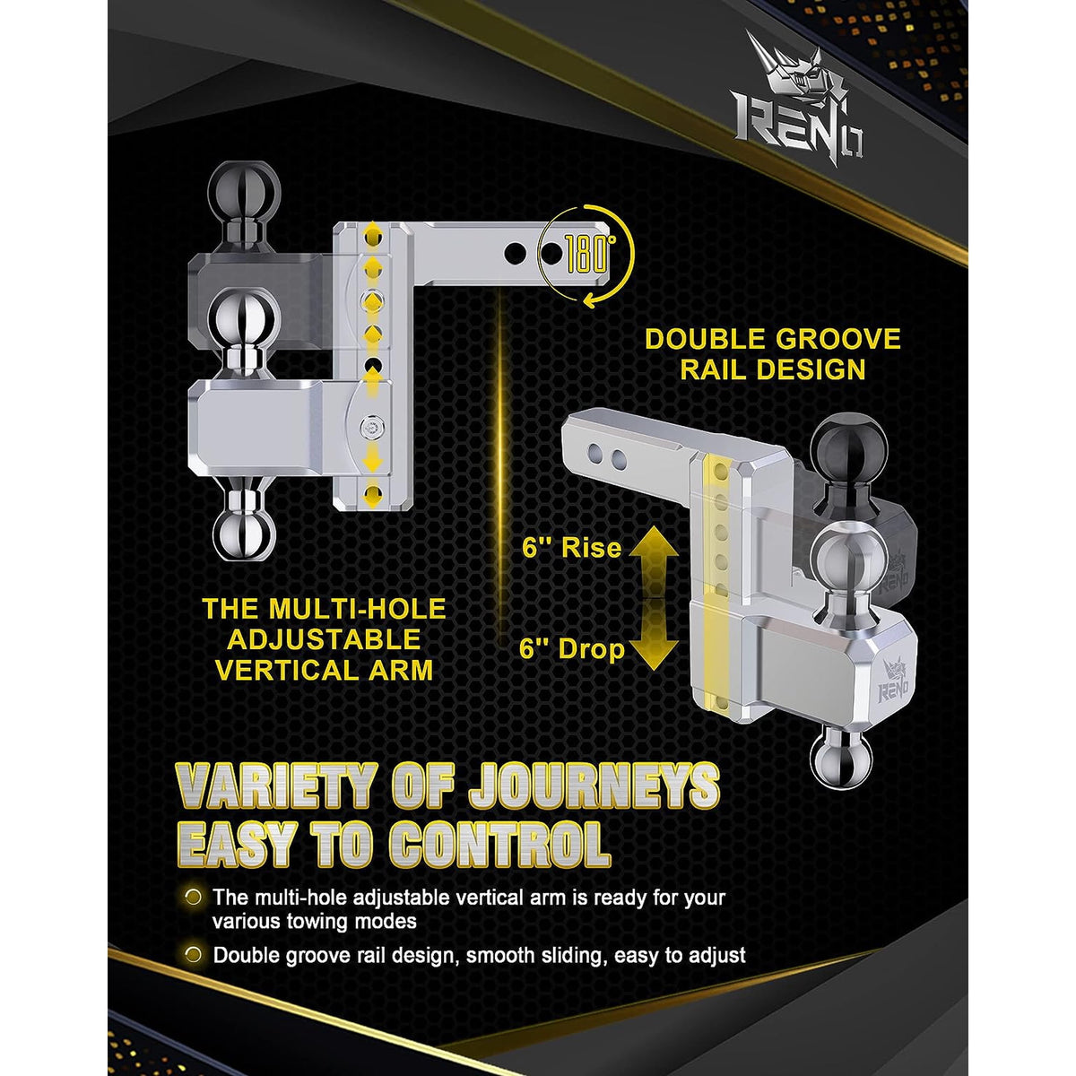 RENO Adjustable Trailer Hitch, Aluminum Dual-Balls with 2 Inch and 2-5/16 Inch, 6" Rise/Drop Hitch Ball Mount for 2" Receiver - 12,500 lbs Towing