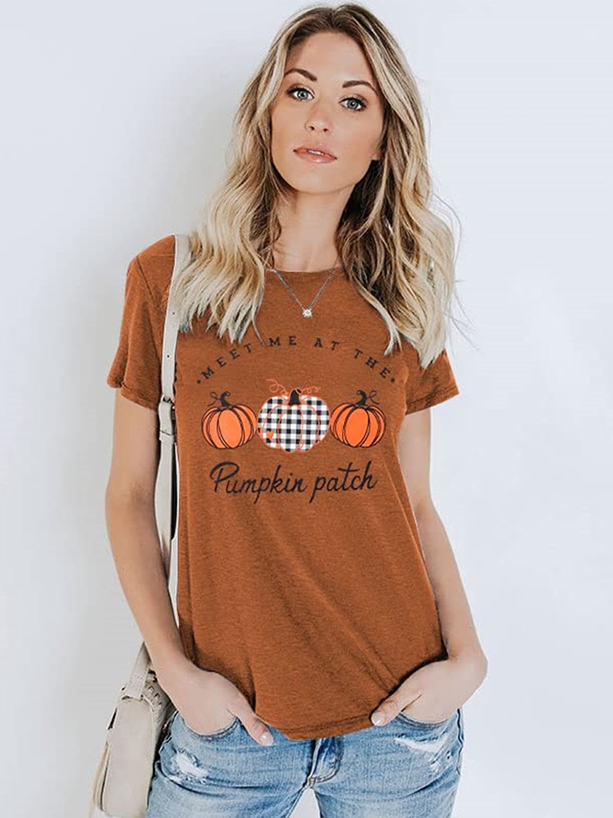 KimSoong Women Halloween Shirt Plaid Pumpkins Graphic Crew Neck Short Sleeve T-Shirts Tops