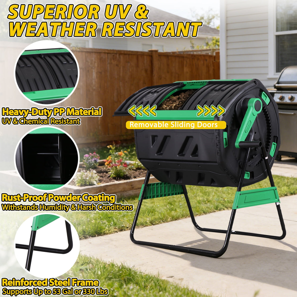 HomGarden 53-Gal Composting Tumbler Dual Chamber Rotating Compost Bin W Sliding Doors & Handle, BPA Free for Outdoor Garden
