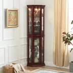 Corner Display Curio Cabinet With Tempered Glass Shelves, Mirrored Back And Built-In Lighting, 69.75H x 21.5W x 16D