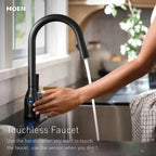 Moen Haelyn Chrome Touchless Single-Handle Pulldown Sprayer Kitchen Faucet with Soap Dispenser, Features Power Clean for a Faster Wash