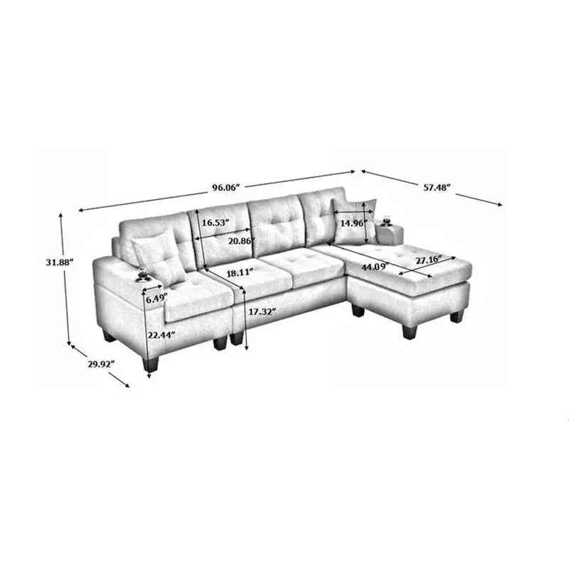 Contemporary L-Shaped Sectional Sofa With Cup Holders, Storage Chaise, Grey Or Black