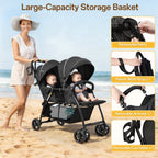 Vomeast Double Stroller for Twins, Foldable Lightweight Travel Stroller for Infant and Toddler, 5-Point Harness, Adjustable Canopy & Reclining Seat
