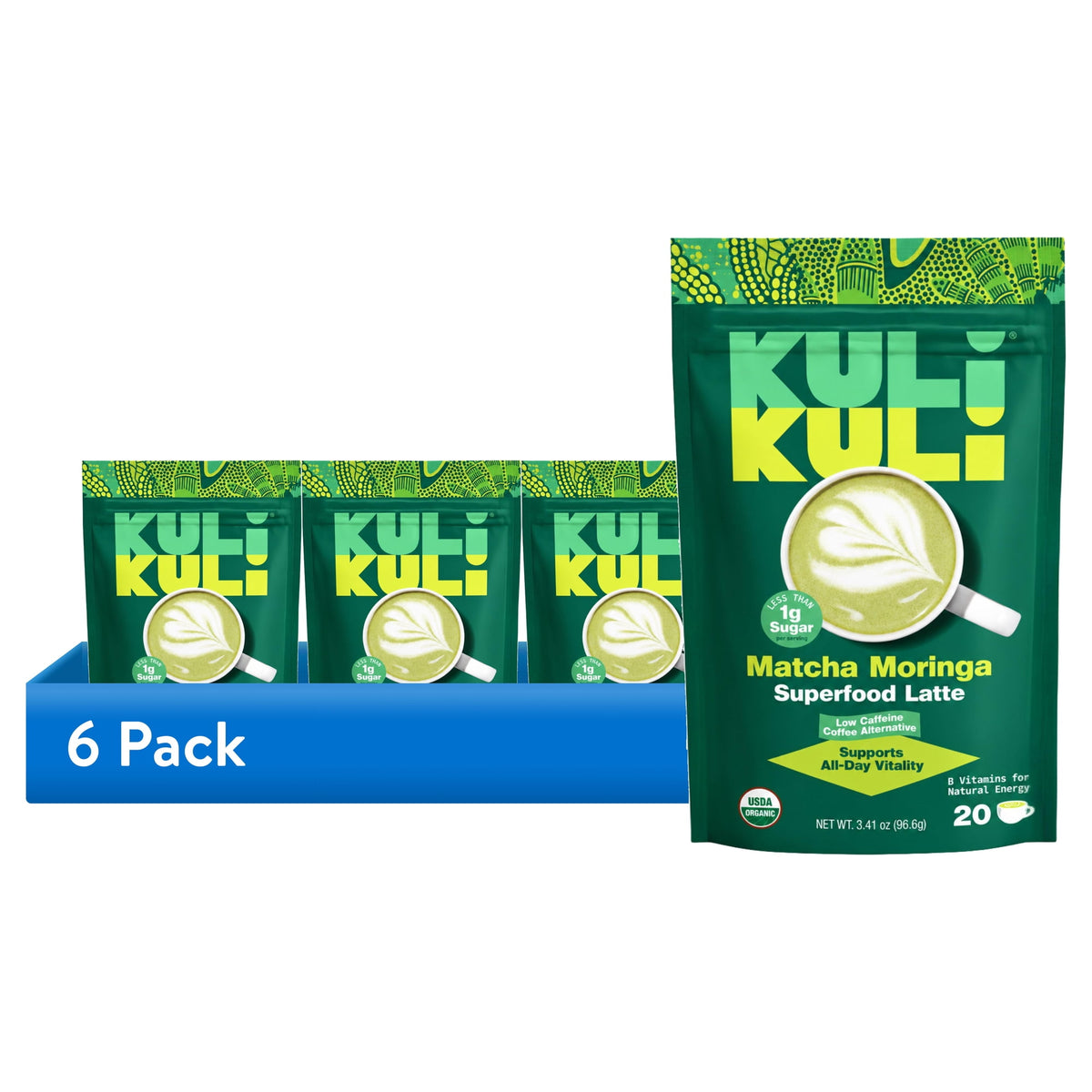 6 pack) Kuli Kuli Organic Matcha Green Tea Moringa Latte, Lion's Mane, Low-Caffeine, 3.41 oz