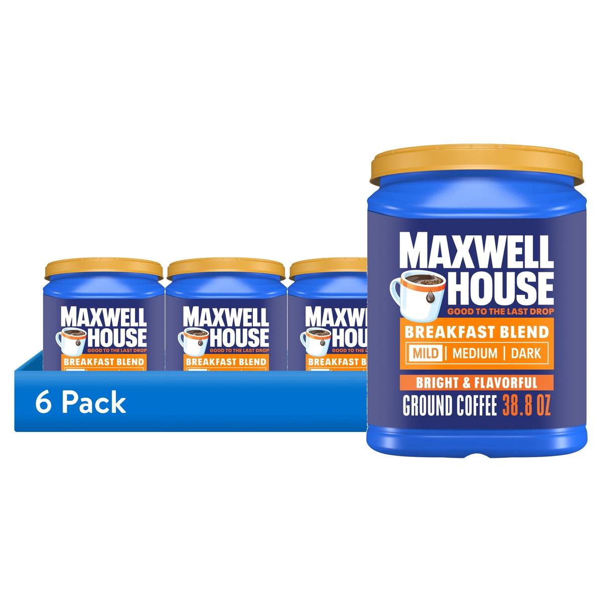 6 pack) Maxwell House Breakfast Blend Mild Roast Ground Coffee, 38.8 oz Canister