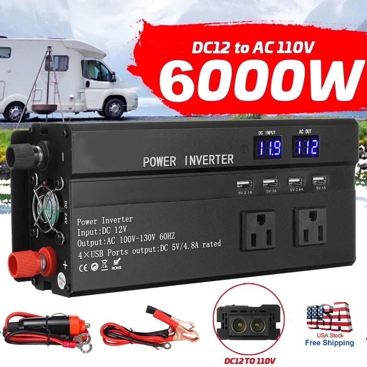 6000W Car Power Inverter DC 12V To 110V AC with Dual Outlets and USB Charger, High-Capacity Power Converter for Vehicles Trucks Camping and Outdoor