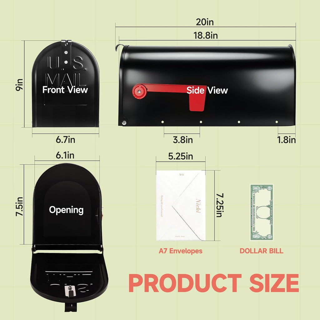 Mailbox for Outside,Black Metal Mail Box,Post Mount Outdoor Mailbox