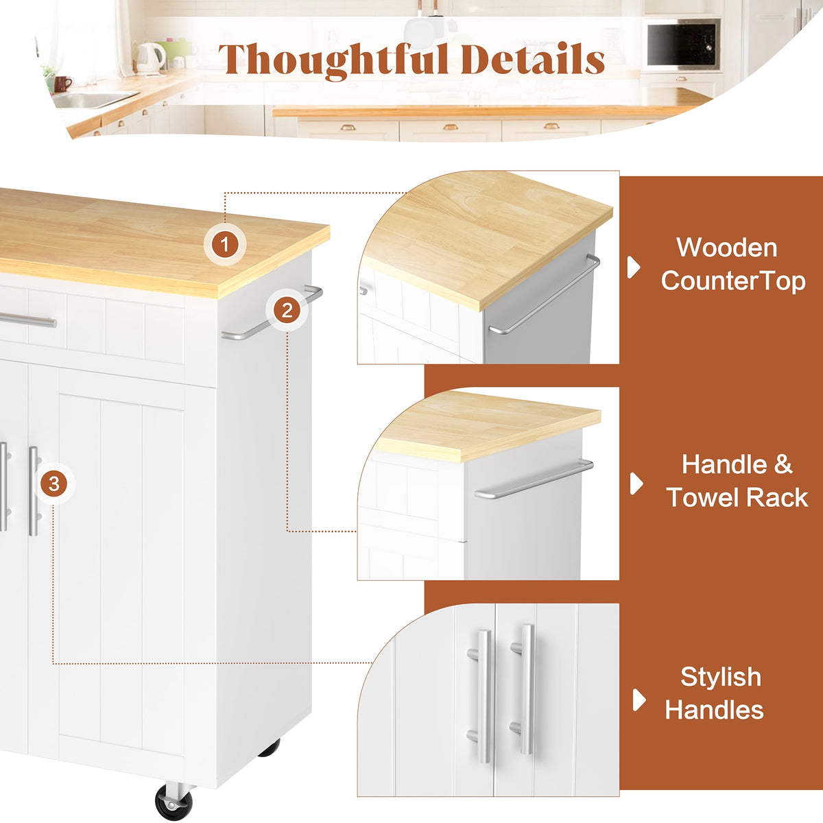 Walsunny Kitchen Island Table Stand with Storage on Wheels,Rolling Kitchen Cart Storage Cabinet with Drawer,White