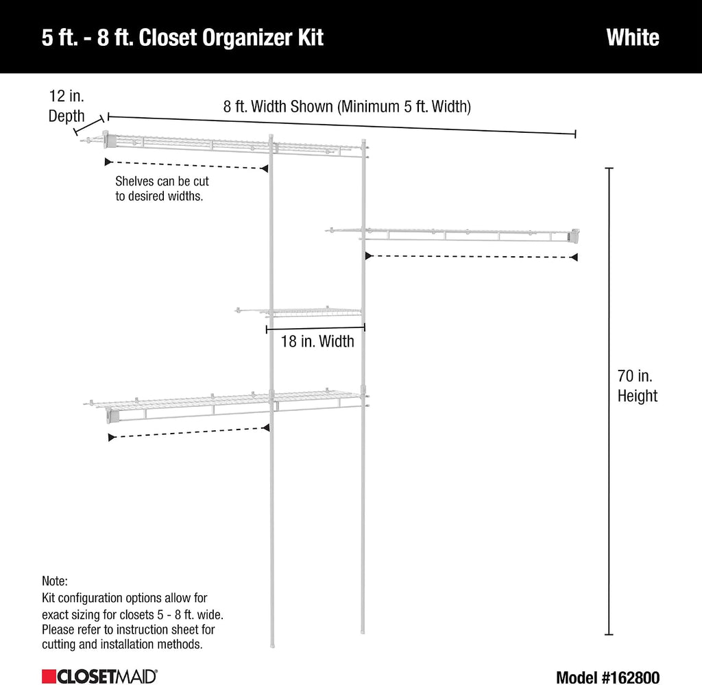 ClosetMaid Wire Closet Organizer System, Adjustable from 5 to 8 Ft., with Shelves, Hardware, Durable Steel, Fixed Mount Installation, White