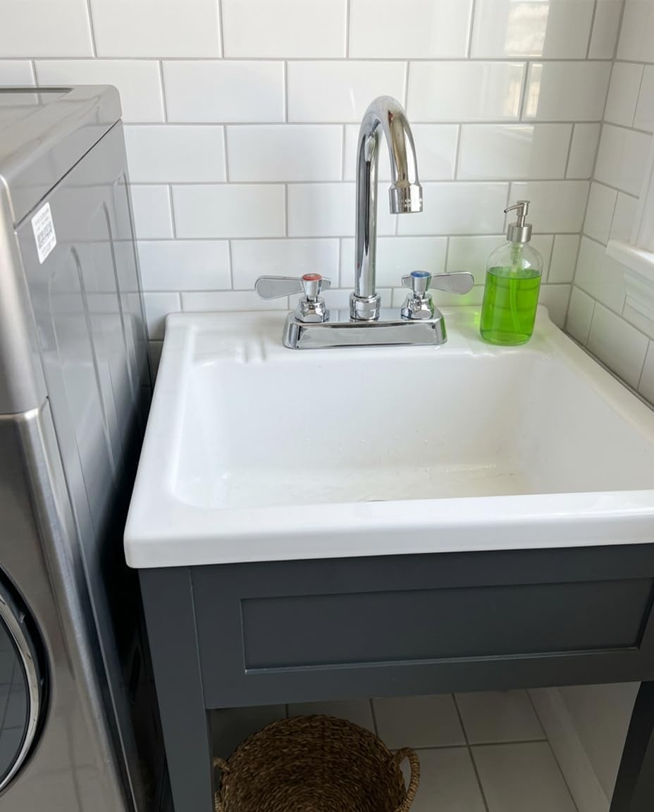 4" Center Utility Sink Faucet with Gooseneck Spout Deck Mount 2 Hole