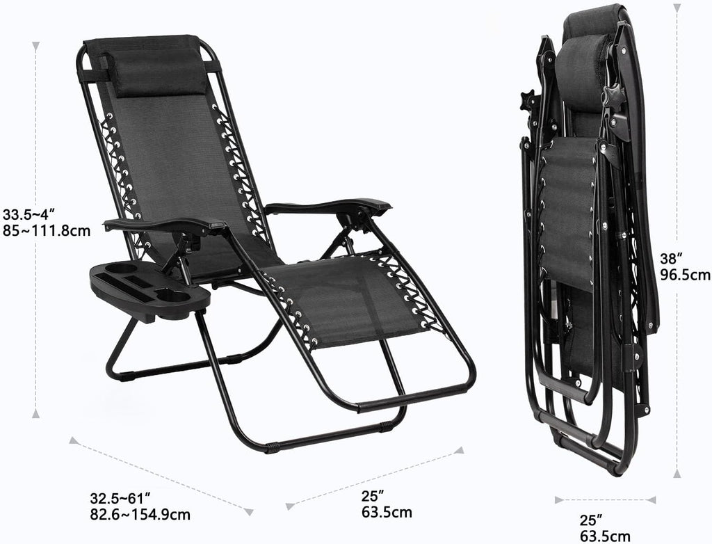 Nazhura Set of 2 Relaxing Recliners Patio Chairs Adjustable Steel Mesh Zero Gravity Lounge Chair Beach Chairs with Pillow and Cup Holder Black