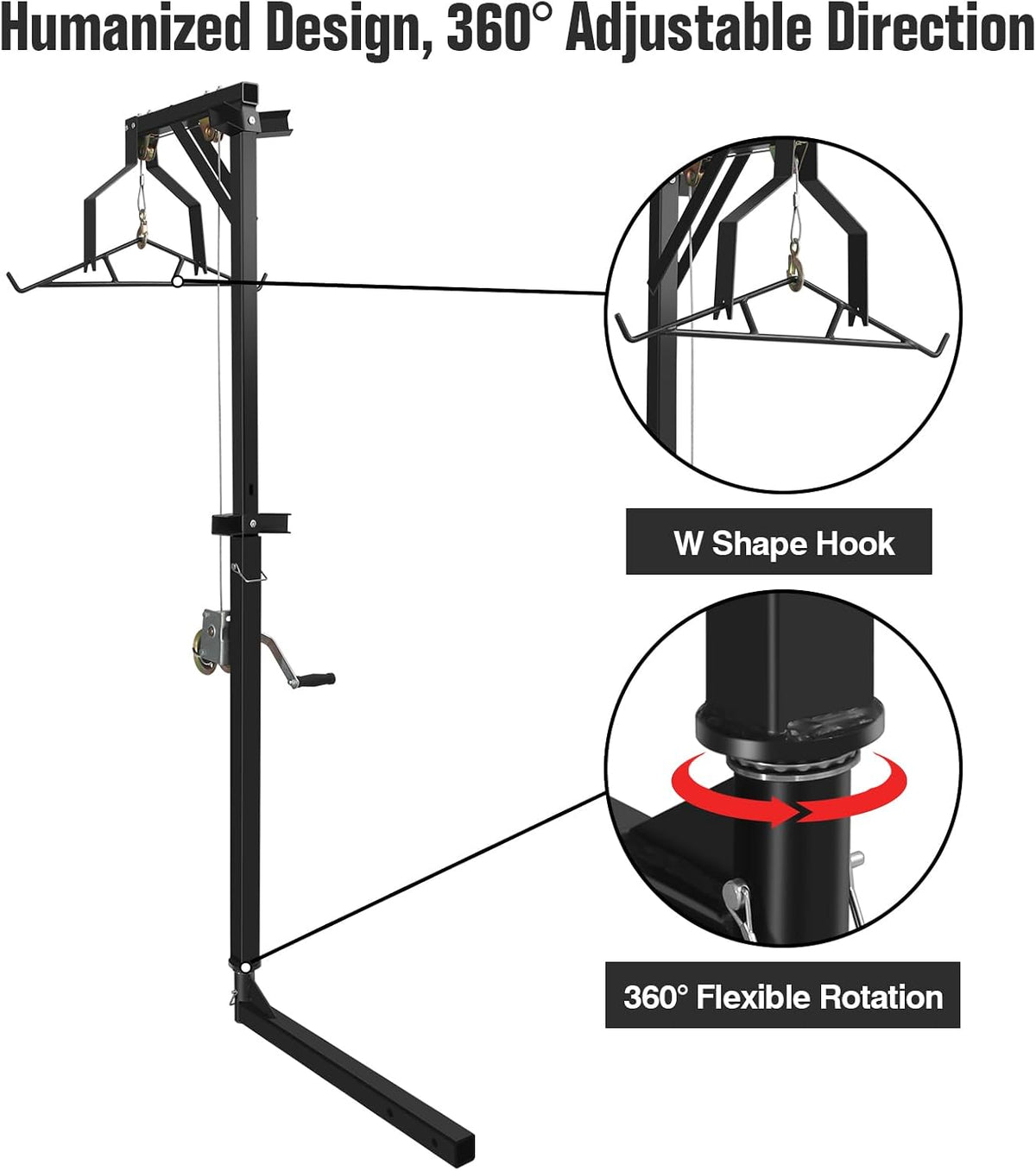 2" Hitch Mounted Deer Hanger, 600LBS Capacity, with 2 Size Gambrels and Winch, Hunting Game Hoist Truck Hitch 360 Degrees Swivel Mounted