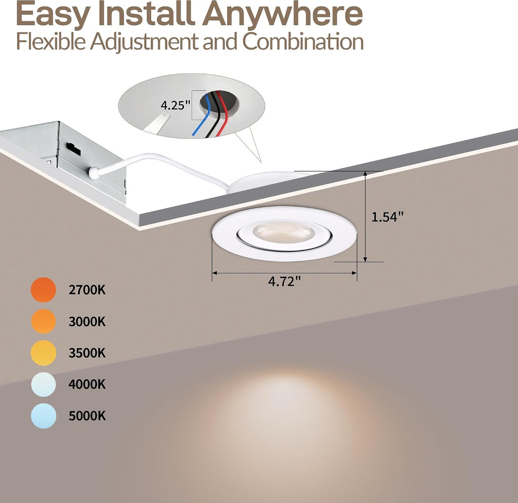 KnLnny Ware 4 Inch Led Recessed Lights Gimbal 4 Pack,5 CCT,Dimmable