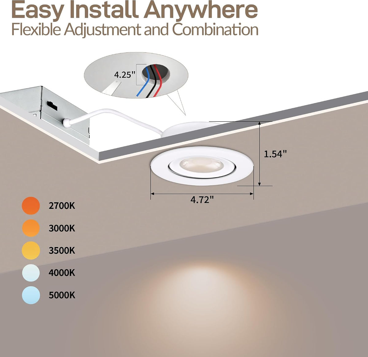 KnLnny Ware 4 Inch Led Recessed Lights Gimbal 4 Pack,5 CCT,Dimmable
