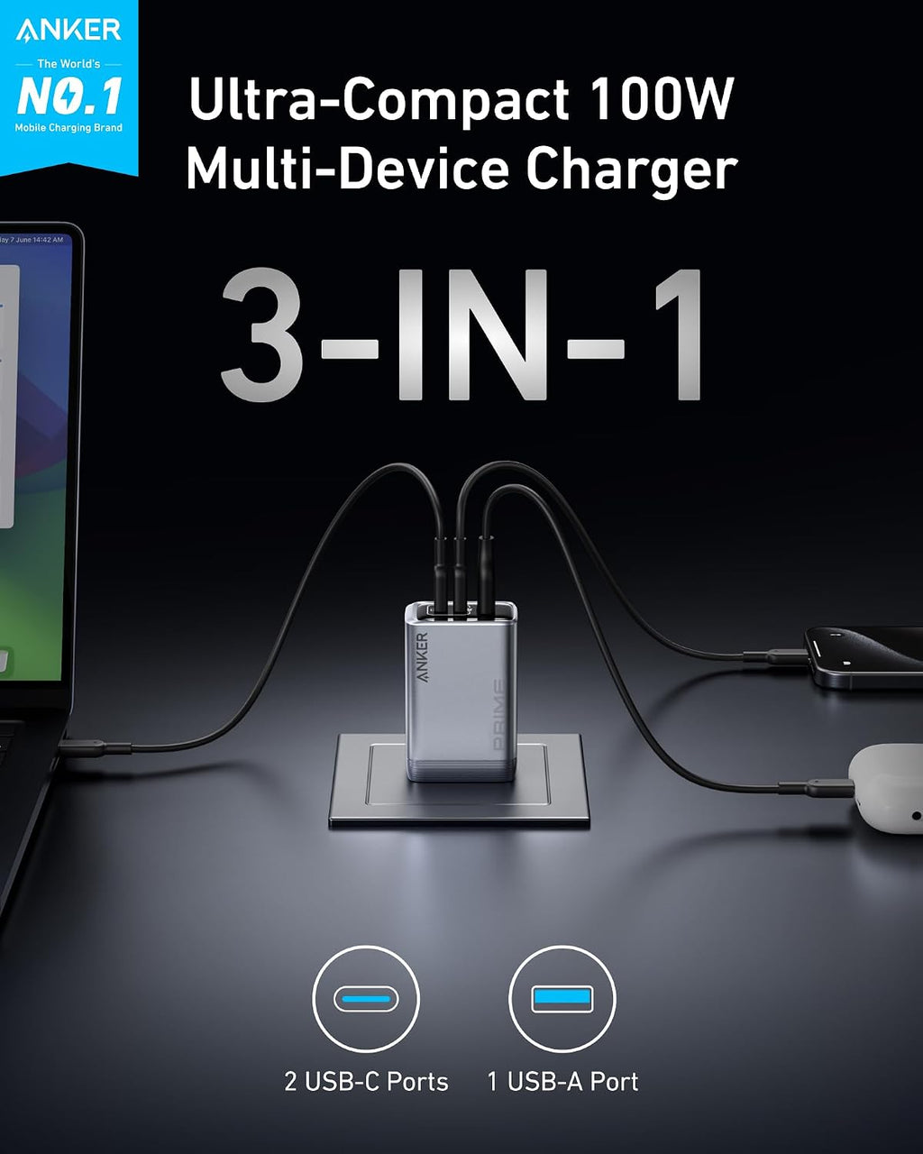 Anker Prime Charger, 100W Max 3-Port Compact Foldable USB C Charger