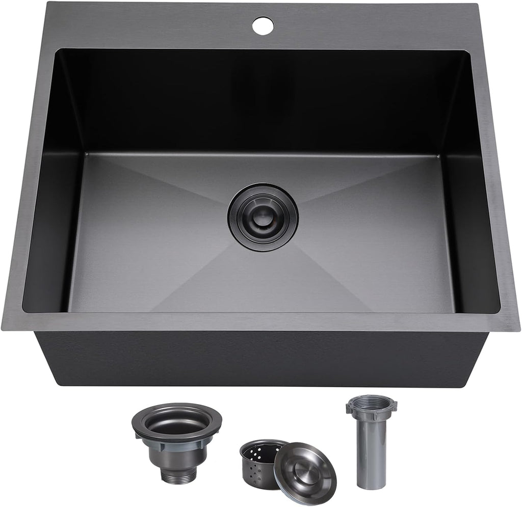 18x18 Inch Drop In Black Bar Sink, 18 Inch Gunmetal Black Small Kitchen Sink, Stainless Steel 16 Gauge Single Bowl Laundry Prep RV Sink with Strainer