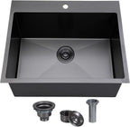 18x18 Inch Drop In Black Bar Sink, 18 Inch Gunmetal Black Small Kitchen Sink, Stainless Steel 16 Gauge Single Bowl Laundry Prep RV Sink with Strainer