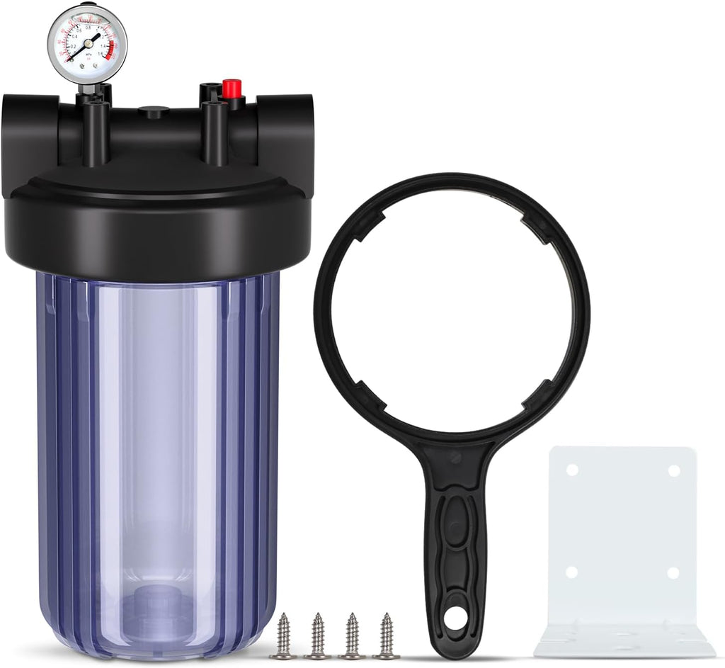 PUREPLUS Clear Whole House Water Filter Housing, Pressure Gauge, 1" NPT