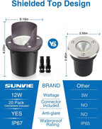 SUNVIE 12-Pack 12W 3000K LED Low Voltage Landscape Well Lights, Shield Top