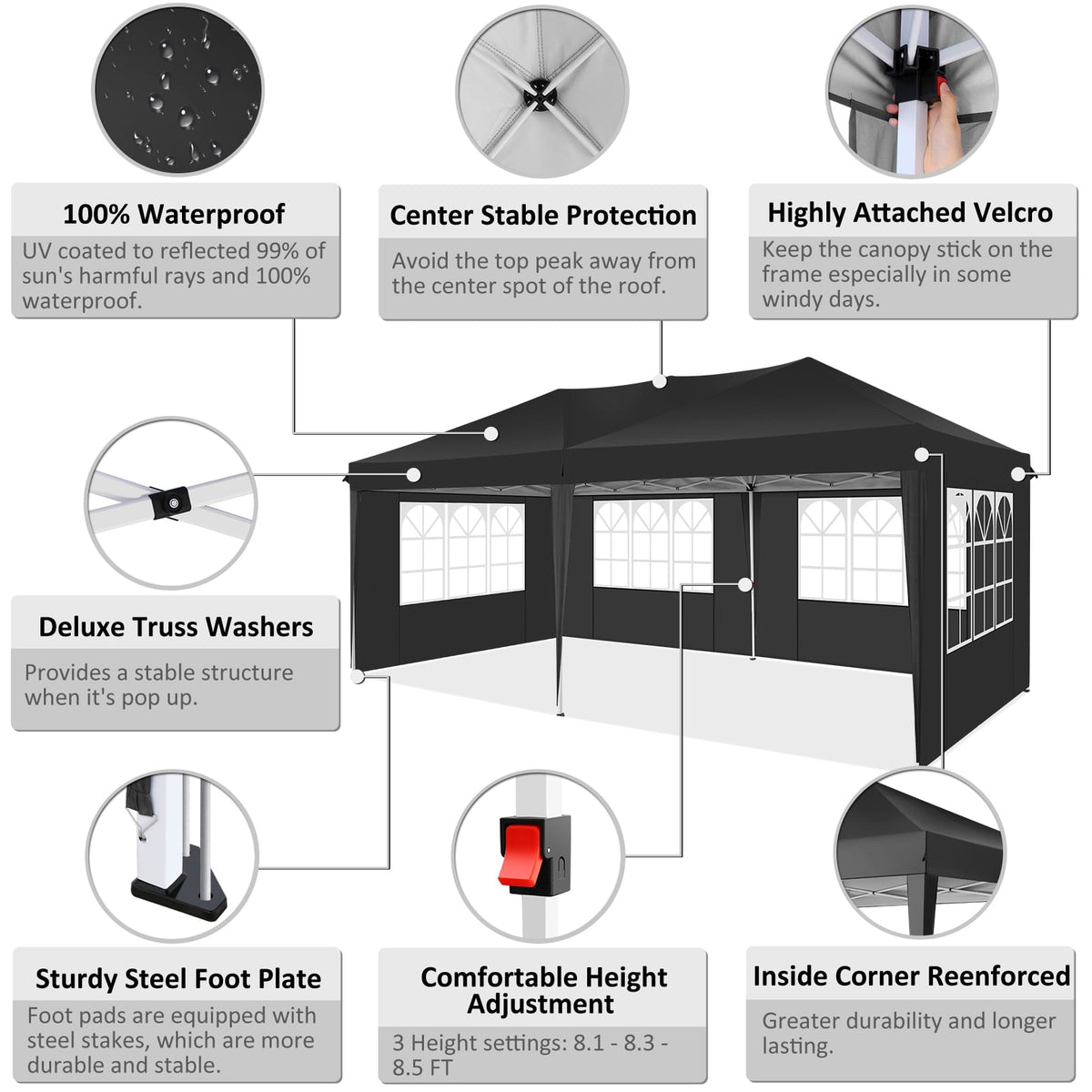 SANOPY 10' x 20' Pop Up Canopy Tent with Air Vent, Removable Sidewalls & Reflective Strips, Outdoor Instant Shelter Gazebo for Party, Camping, Beach