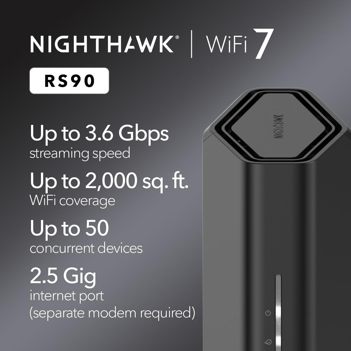 NETGEAR Nighthawk WiFi 7 Router RS90, Up to 2,000 sq ft, 3.6 Gbps