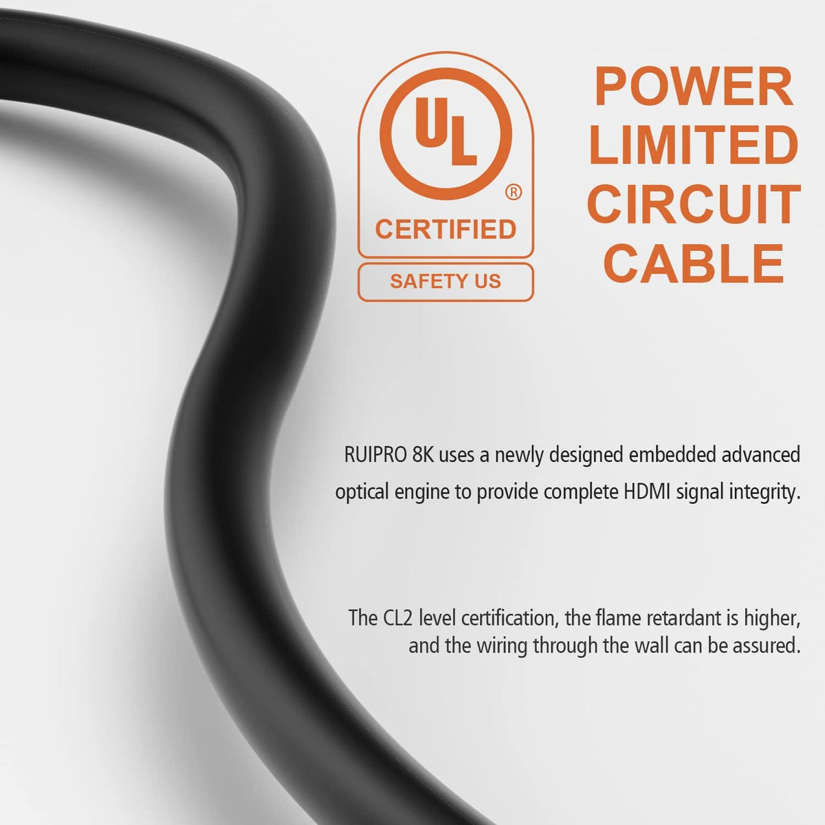 8K HDMI 2.1 Fiber Optic Cable, CL2 Rated, 48Gbps, 8K60, 4K120, 50FT