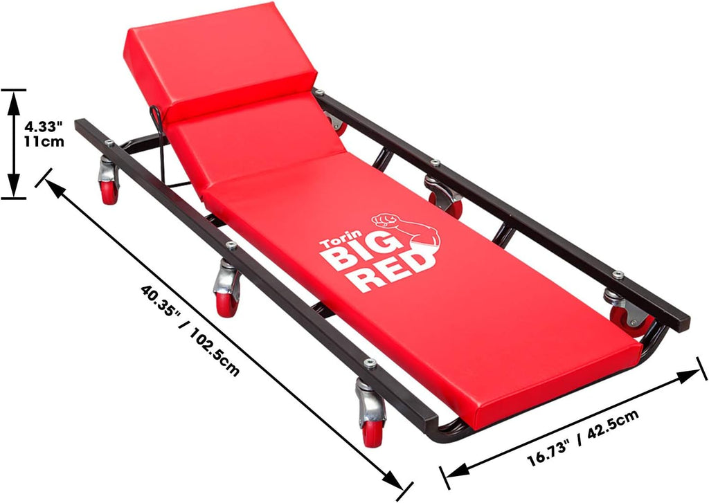 BIG RED TR6452 Torin Rolling Garage/Shop Creeper: 40" Padded Mechanic Cart with Adjustable Headrest and 6 Casters, Red