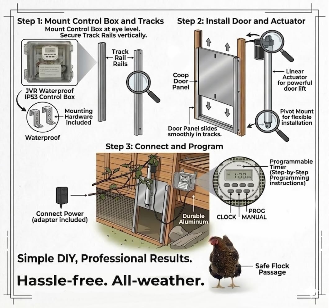 JVR Automatic Chicken Coop Door, Timer, Anti-Pinch, Aluminum Predator Proof