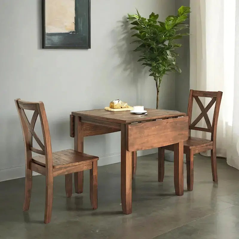 3-Piece Drop-Leaf Wood Dining Table Set With 2 X-Back Chairs - Brown