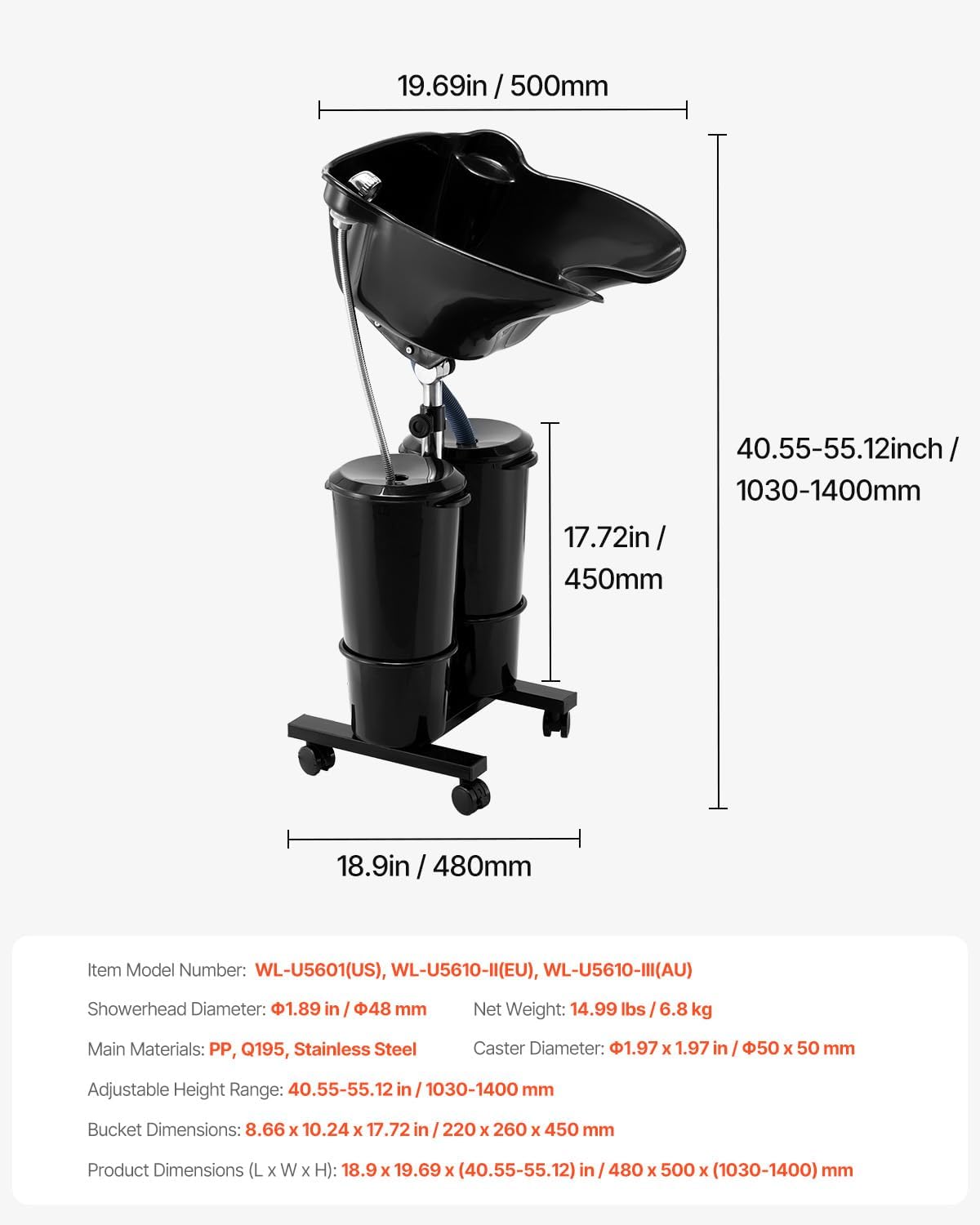 VEVOR Portable Shampoo Bowl, Shampoo Sink for Washing Hair with Electric Pump, Includes 2 Buckets 2 Showerheads, Drain Hose, Height and Angle