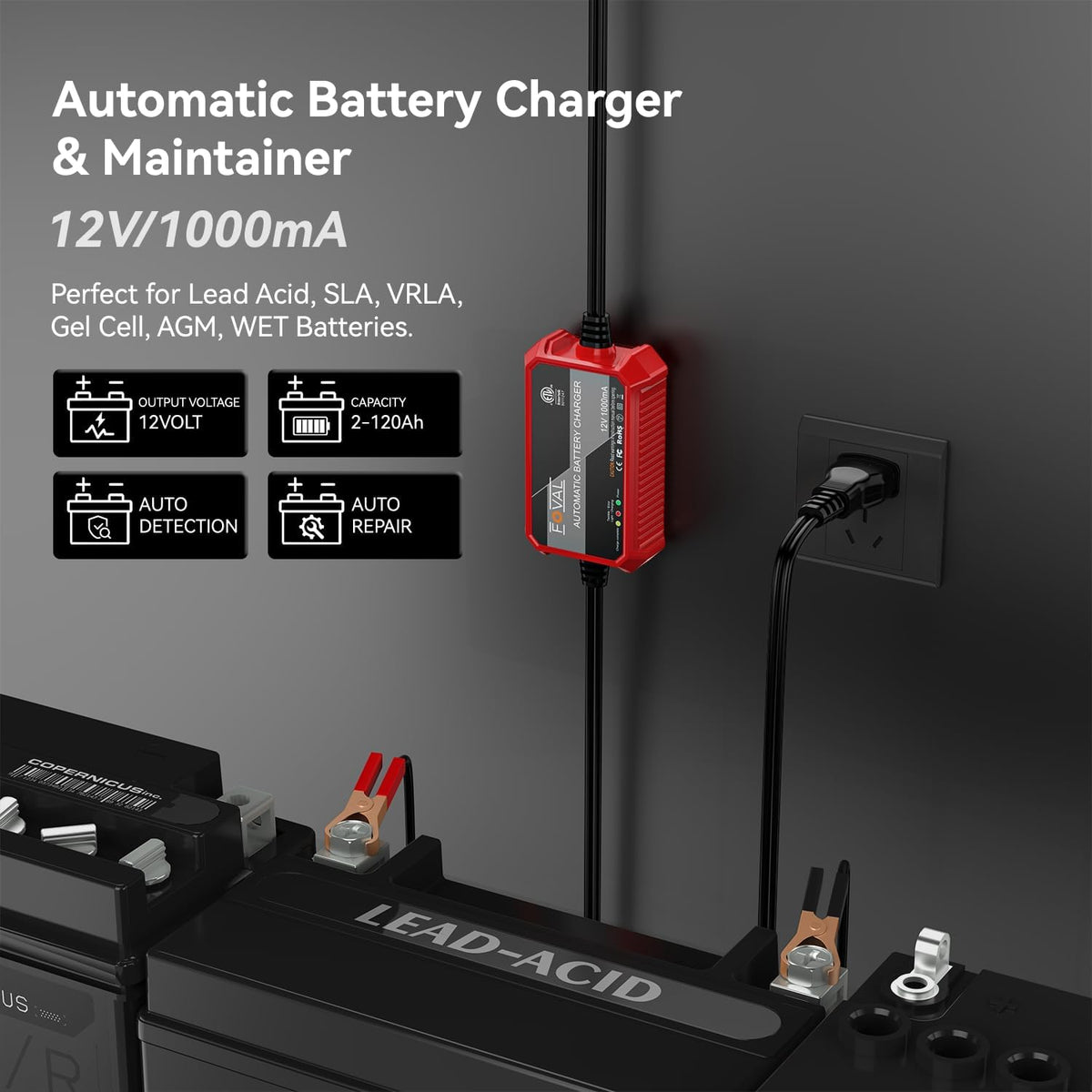 [4-Pack] FOVAL Fully Automatic Trickle Battery Charger, 1000mA 12V Smart Car Battery Charger, Battery Maintainer, Float Charger for Motorcycle Car