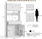 71" Tall Kitchen Pantry Cabinet with Microwave Countertop, LED Lights White