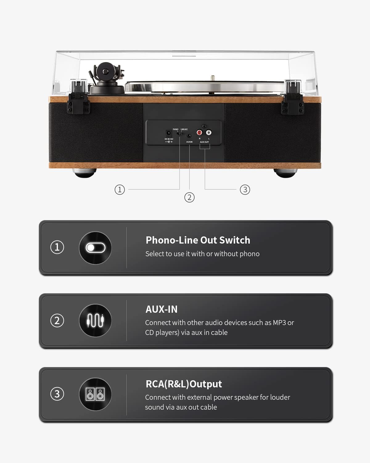 ANGELS HORN Vinyl Record Player, Bluetooth Turntable with Built in Speakers