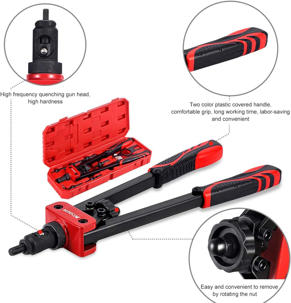 AOBEN 14" Rivet Nut Tool, Professional Hand Rivet Nut Setter Kit Labor-Saving and Compact Design Including 6 Interchangeable Mandrels 90pcs Rivnuts